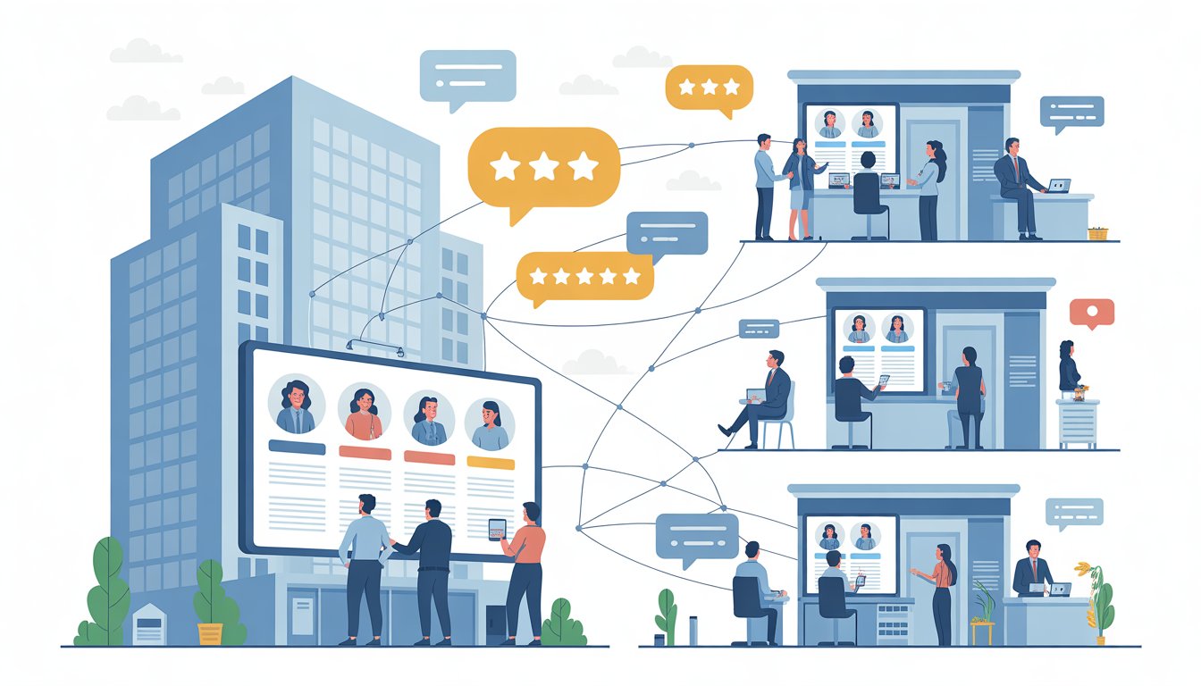 A corporate office and multiple store locations connected by communication lines, showing teams managing customer reviews on digital devices.
