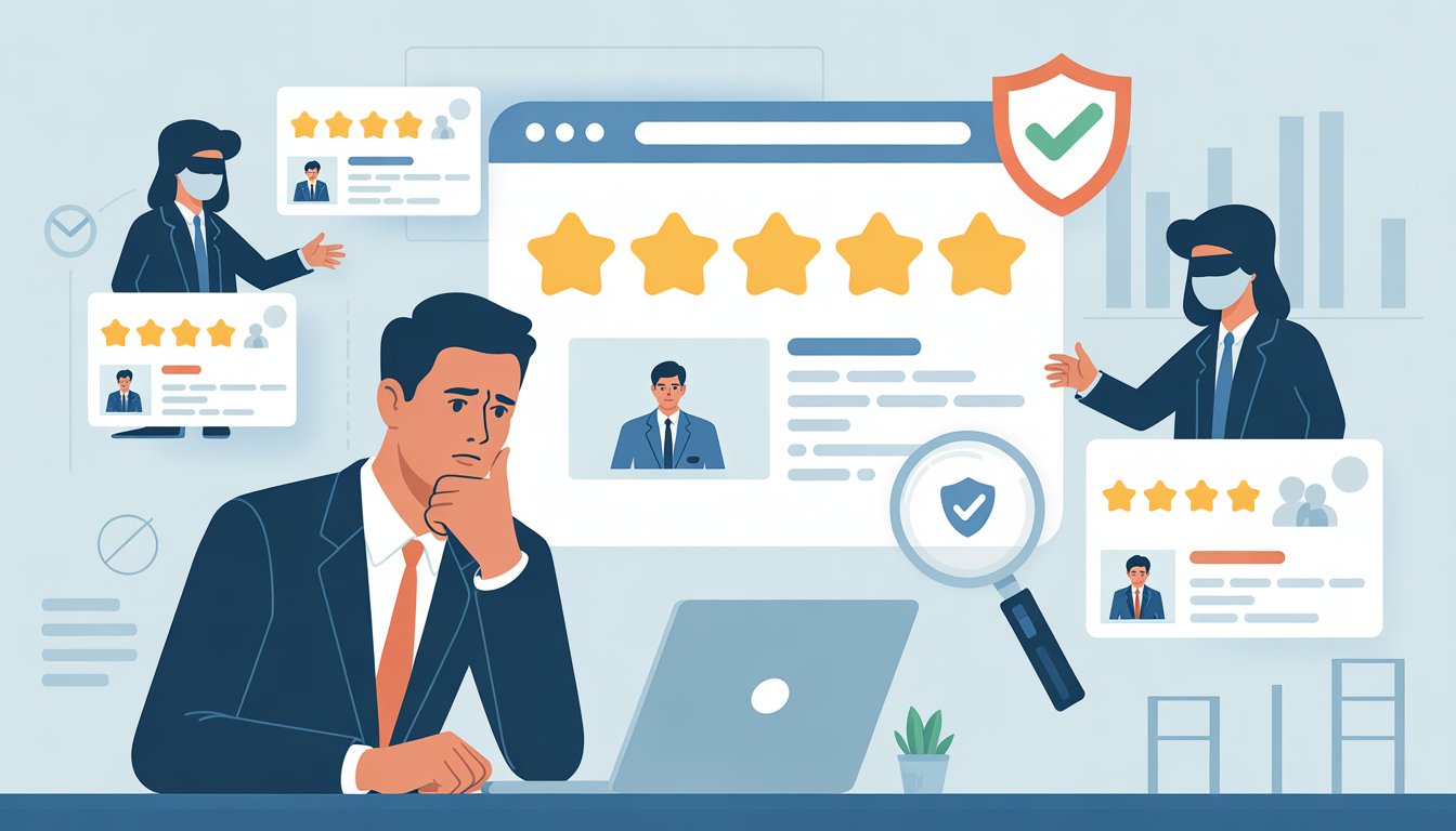 A business owner in an office reviewing online reviews on a laptop, with symbols representing fake negative reviews and protection.