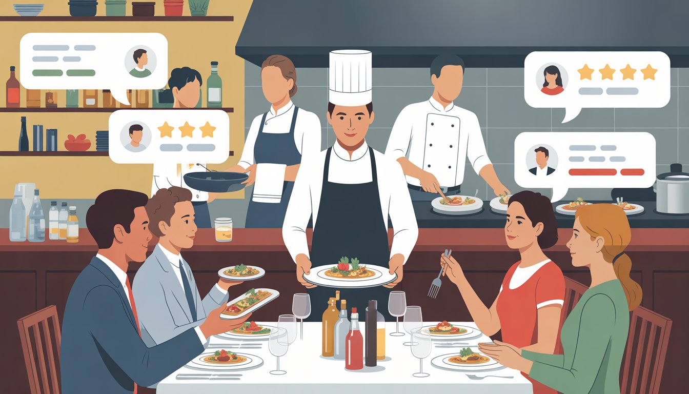 A busy restaurant kitchen where chefs prepare dishes and a waiter serves food to customers, with icons representing customer reviews floating around.