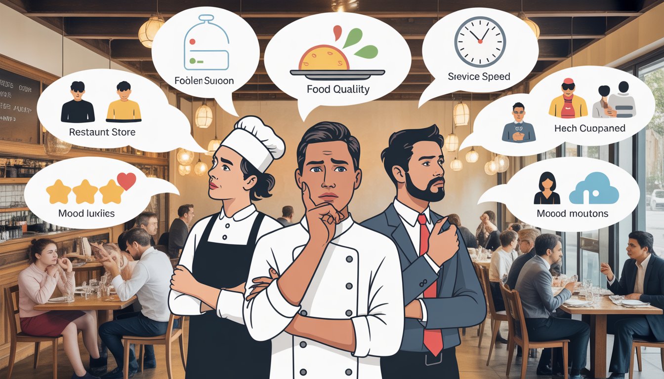 Restaurant staff thoughtfully observing floating icons representing food quality, service speed, hygiene, and customer emotions, with other businesses in the background showing simpler review symbols.