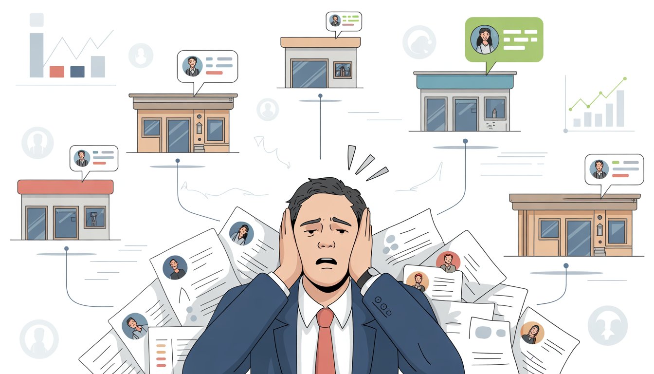 A business manager overwhelmed by scattered customer reviews from multiple locations shown on a map, illustrating lack of centralized oversight.