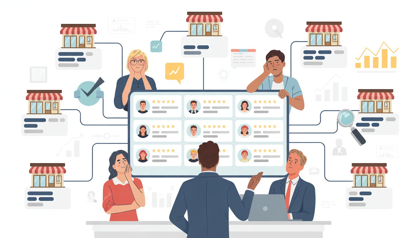 A group of business people monitoring online reviews for multiple store locations on a large digital dashboard in a central office.