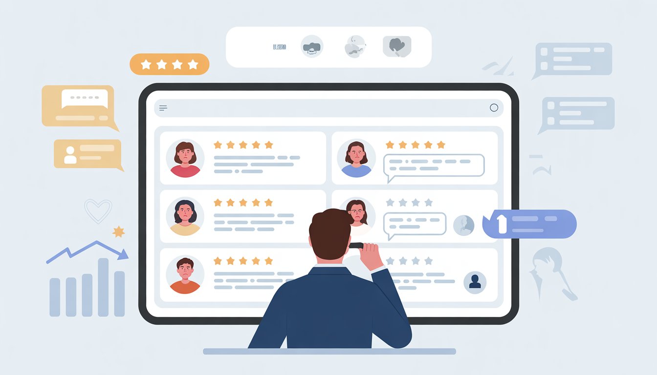 A business owner thoughtfully responding to negative customer reviews displayed on a screen, showing a contrast between unhappy feedback and a calm, empathetic reply.
