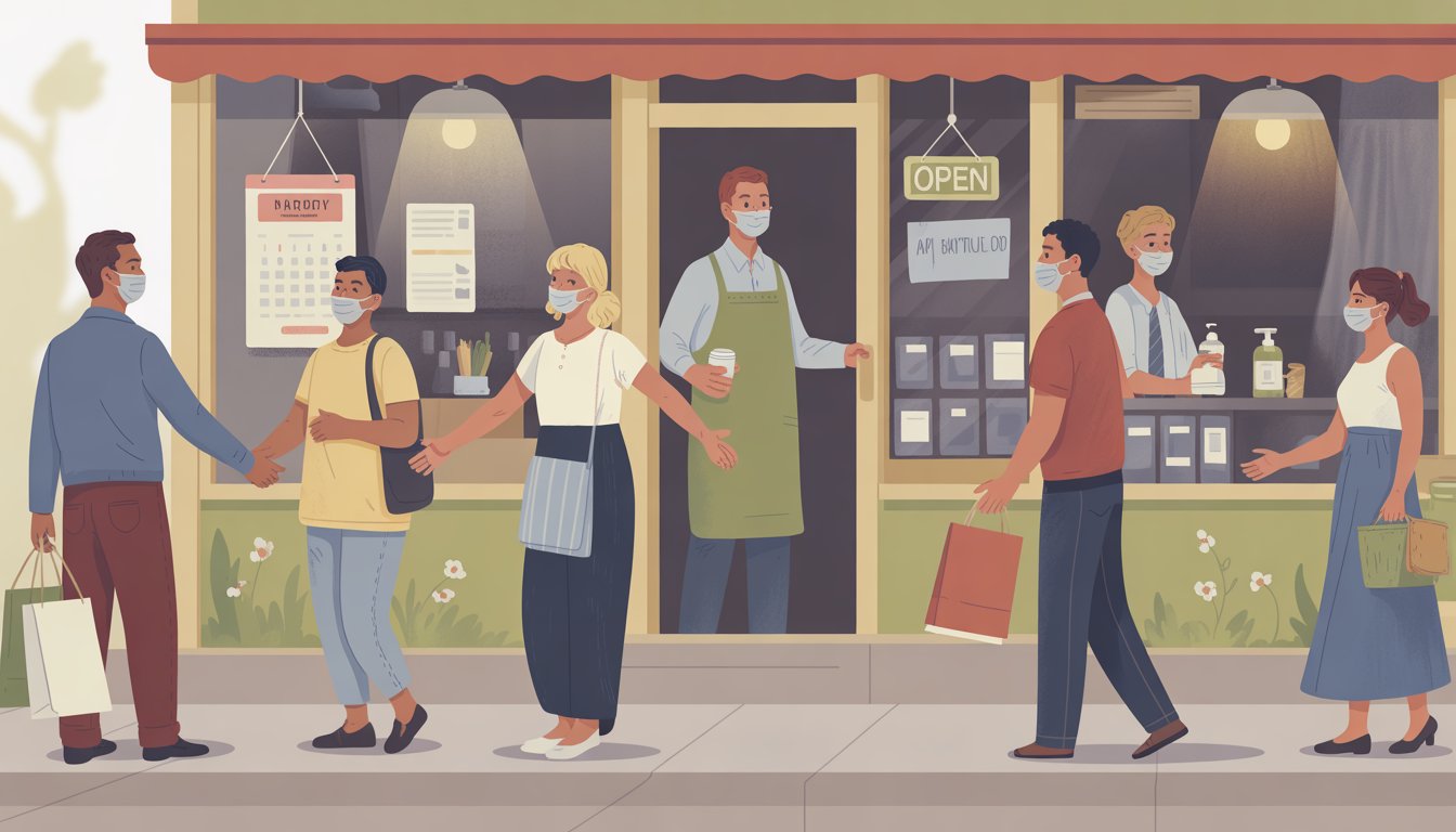 A local shop owner warmly interacting with diverse customers outside the store, showing friendly gestures and a supportive community atmosphere.