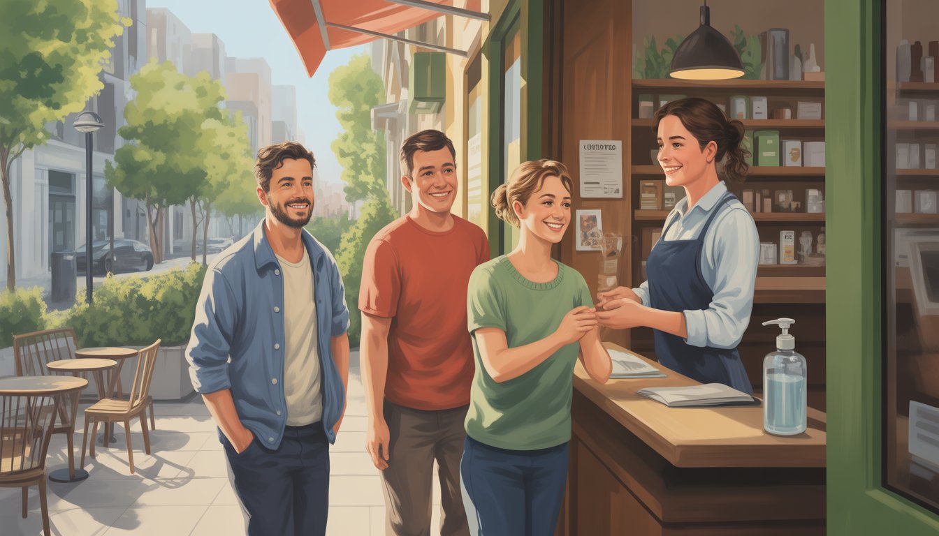Customers and staff interacting positively outside a local small business with a welcoming atmosphere on a sunny day.
