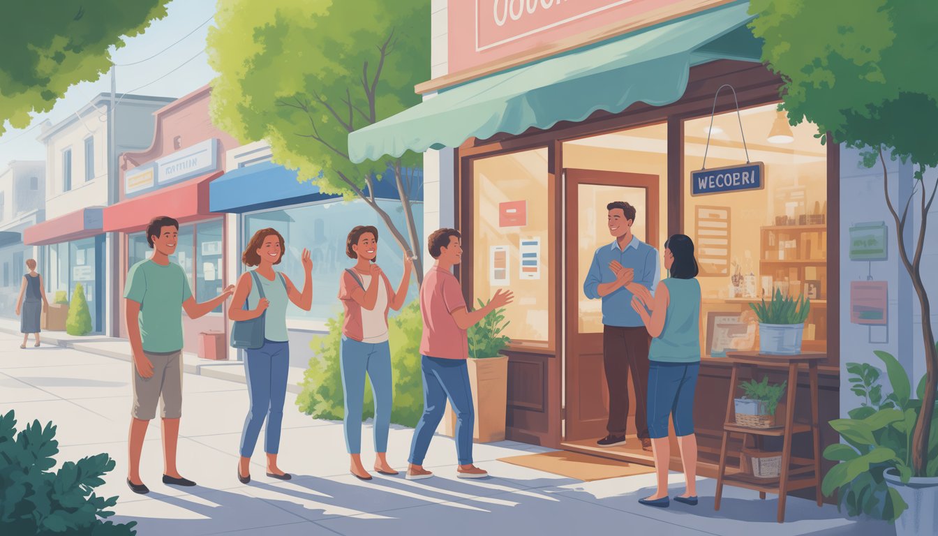 Customers happily interacting with a local shop owner outside a small business on a sunny day.