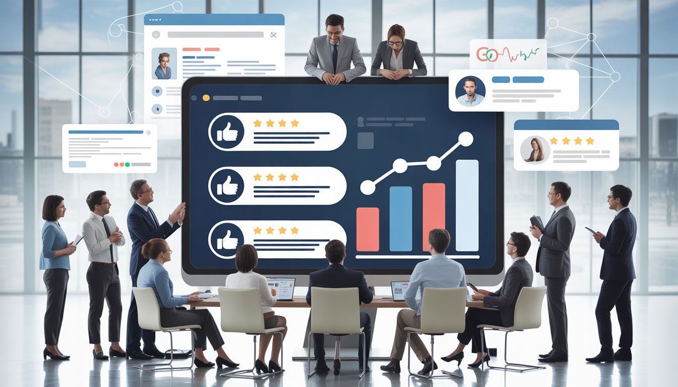 Business professionals reviewing customer feedback on a large computer screen with graphs showing improvement and digital elements representing search rankings.