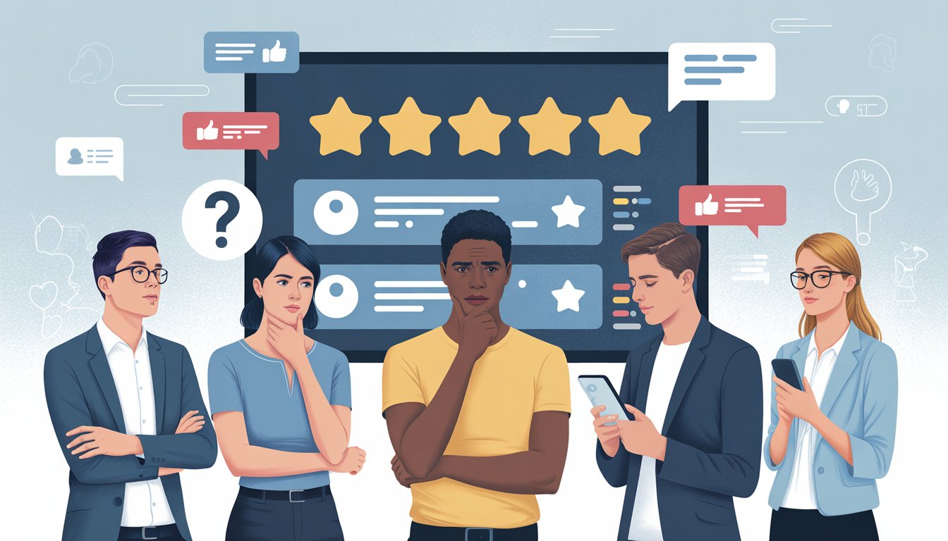 A group of people looking at a large screen showing star ratings and review icons, expressing mixed feelings about online reviews.