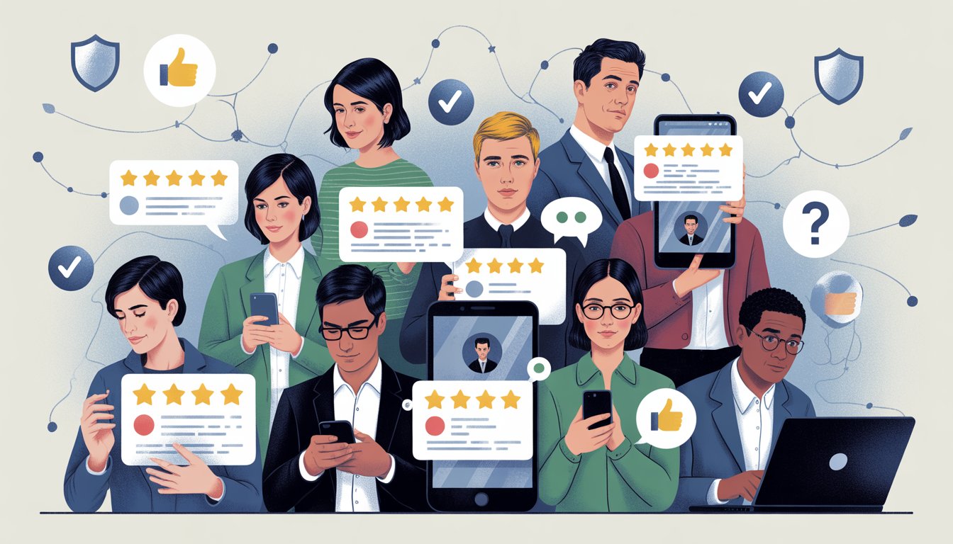 A group of people using digital devices showing online reviews, with some looking confident and others skeptical, surrounded by icons representing trust and uncertainty.