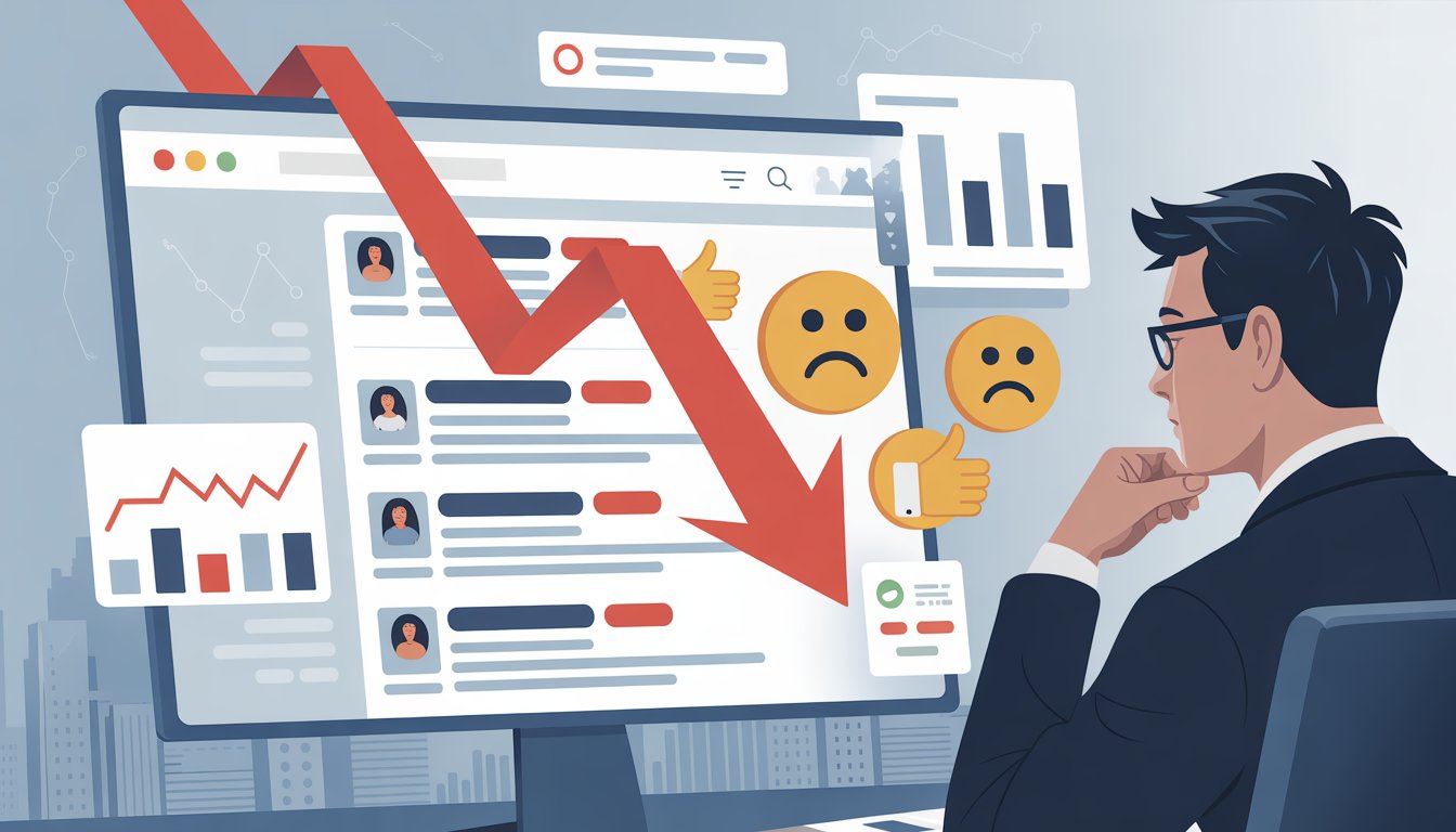 A person analyzing a computer screen showing search results with red arrows and negative review icons indicating a drop in rankings.