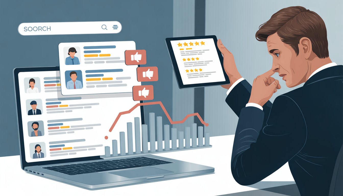 A person at a desk looking at a laptop showing search results with red thumbs-down icons and a graph indicating a drop in rankings due to negative reviews.