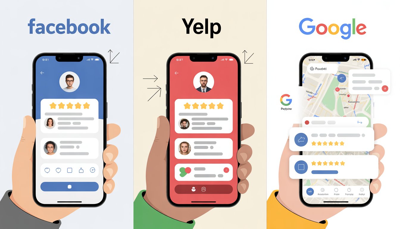 Three side-by-side illustrations showing how users submit reviews on Facebook, Yelp, and Google, each with distinct interface elements like star ratings and comment boxes.