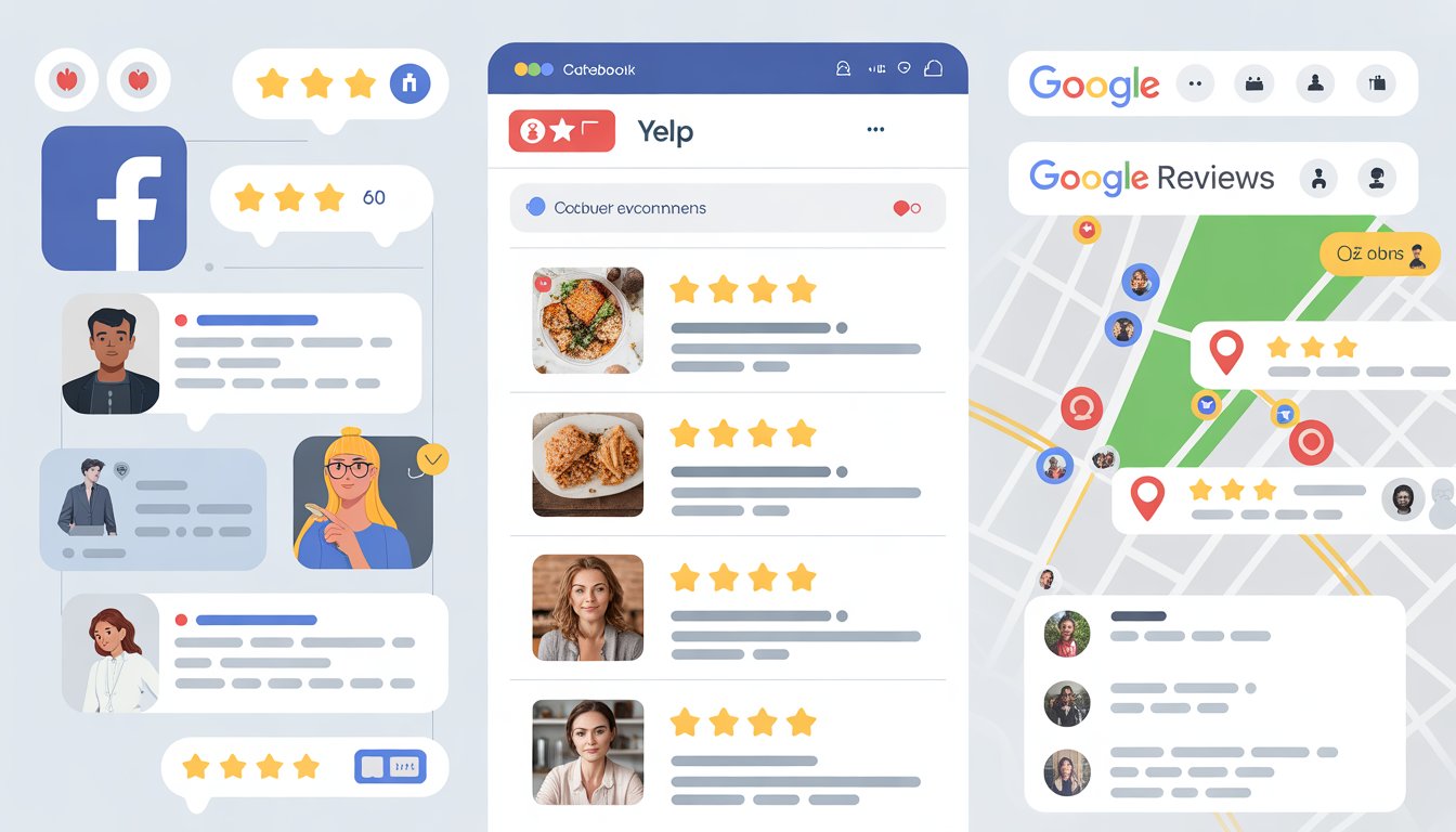 Three side-by-side digital interfaces showing different styles of online reviews from Facebook, Yelp, and Google, highlighting user ratings, photos, and map locations.