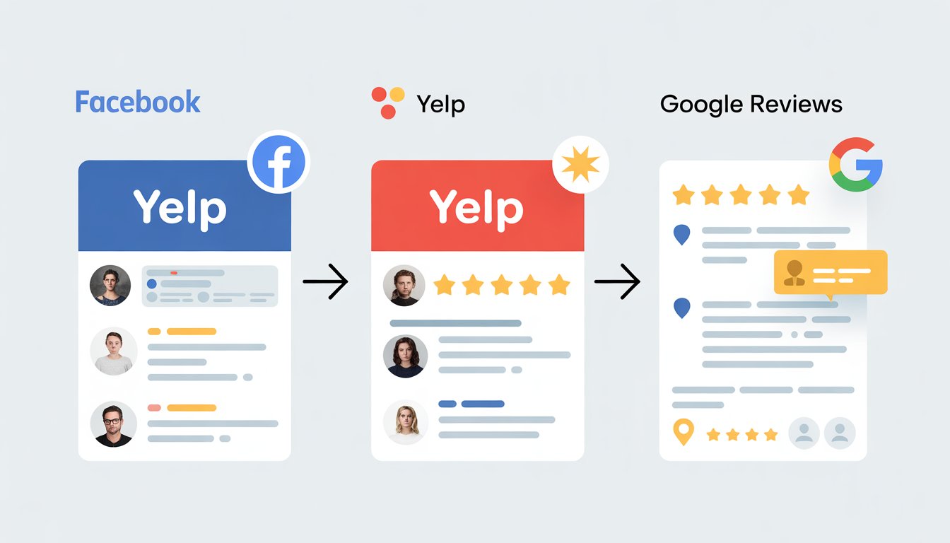 An infographic comparing Facebook, Yelp, and Google review platforms using icons and visual elements to show differences in social interaction, star ratings, and location-based reviews.