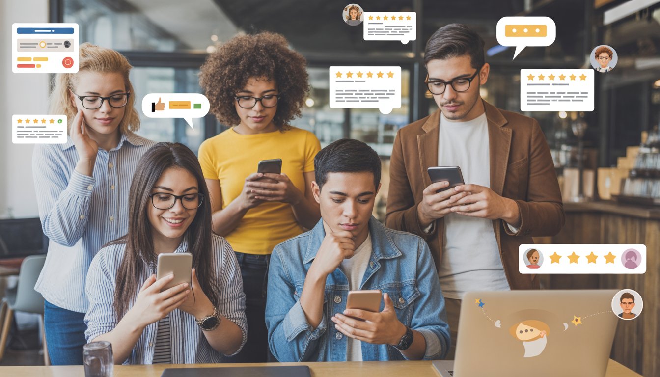 A group of young adults using smartphones and laptops in a coffee shop, looking at online reviews and discussing them together.
