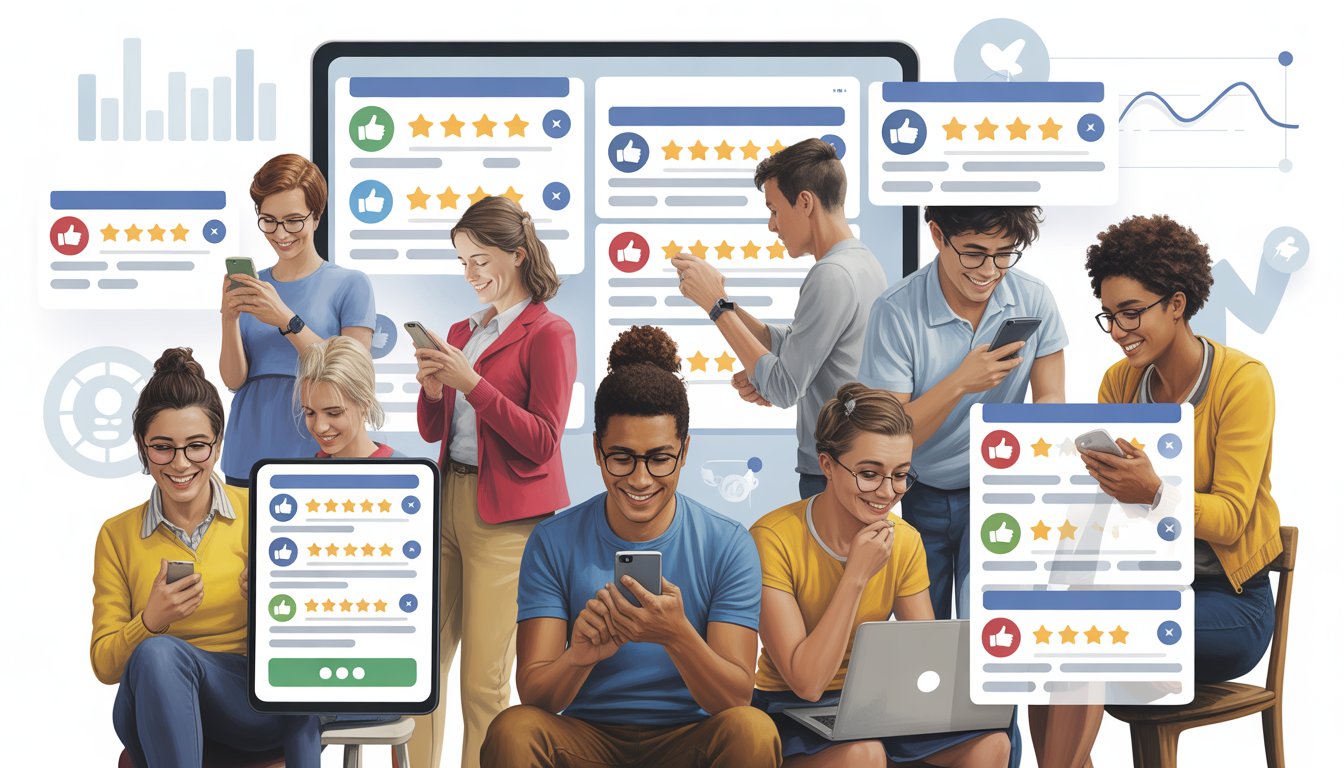 A group of young people using smartphones, tablets, and laptops to read and interact with online reviews.