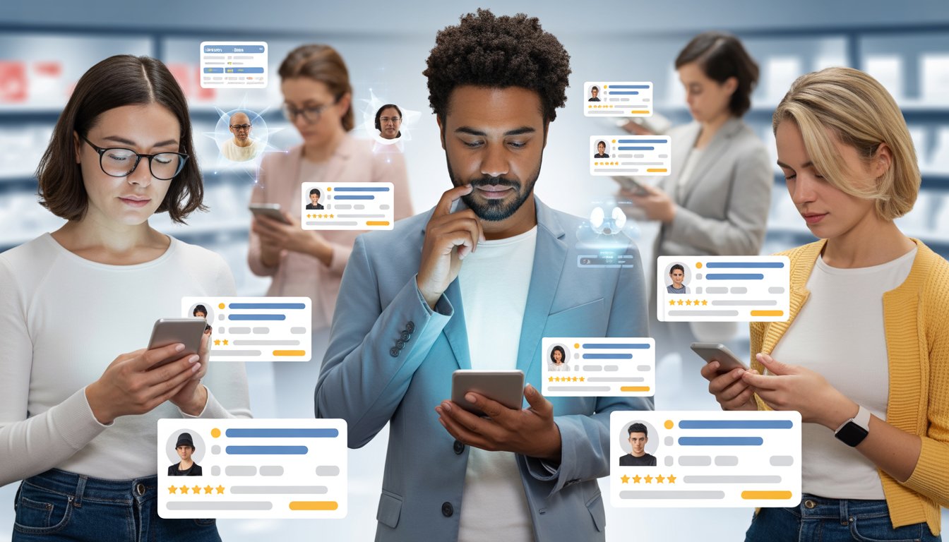 A group of diverse customers reading product reviews on digital devices in a futuristic shopping setting.