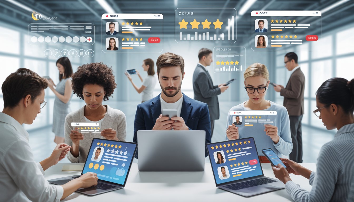 A group of diverse customers using digital devices to read and compare online reviews and ratings while making purchasing decisions.