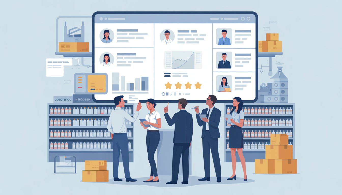 Retail employees reviewing product feedback on a large screen in a store, discussing quality issues while surrounded by shelves of products.