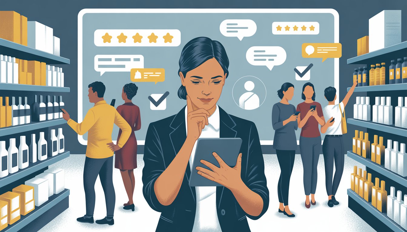 A retail manager reading customer reviews on a tablet while customers interact and leave feedback in a store filled with various products.