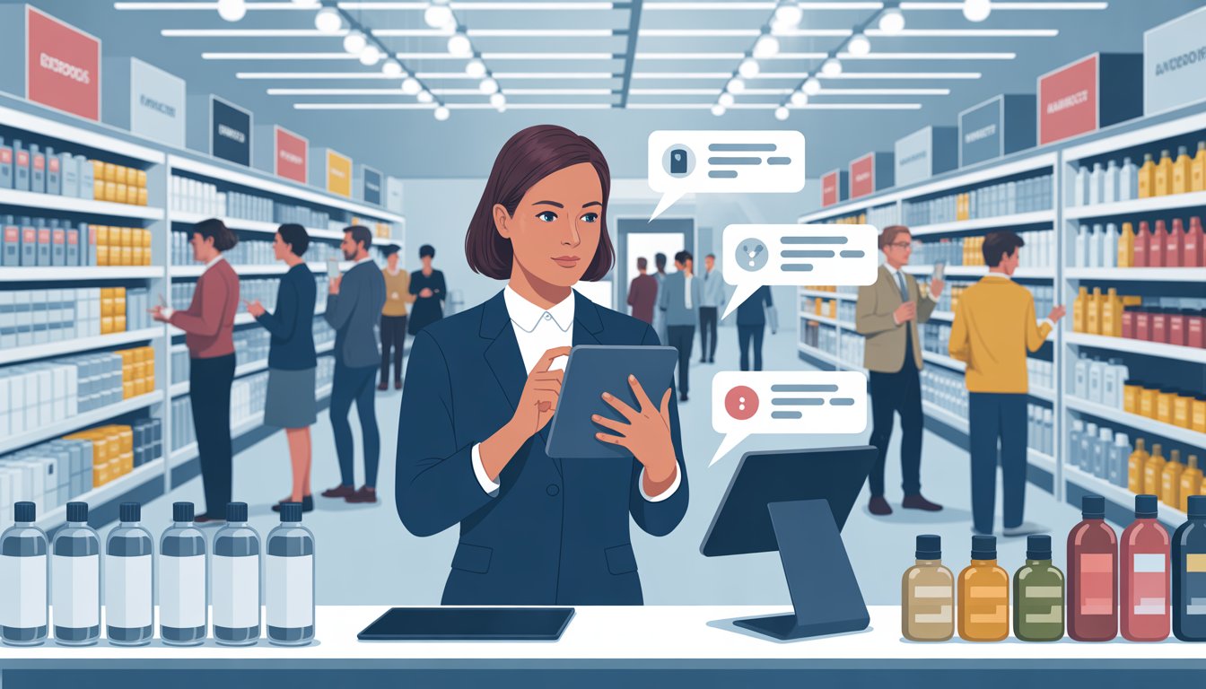 A retail store manager reviews customer feedback on a tablet while standing behind a counter with shelves of products and customers shopping in the background.