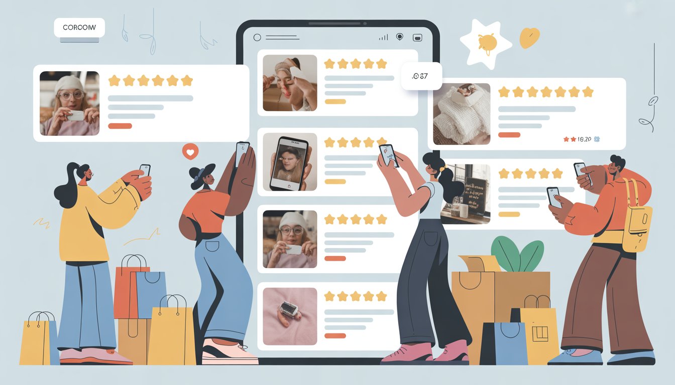 Customers using devices to view and share photos alongside product reviews in a shopping environment.