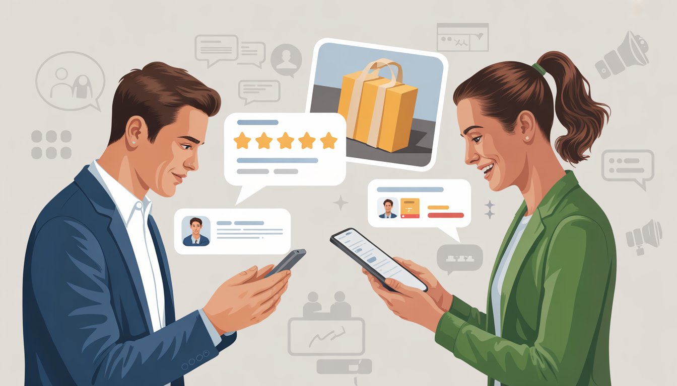 A split scene showing a person writing a review without photos looking uncertain, and another person submitting a review with photos appearing confident, illustrating the importance of photos in customer reviews.