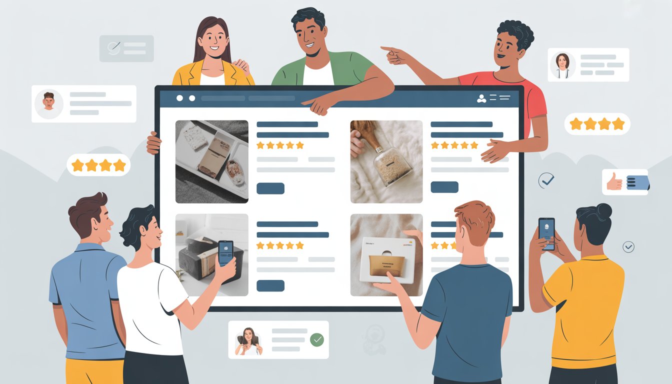 A group of customers looking at a large screen showing product photos and star ratings, some pointing and others taking pictures of products with smartphones.