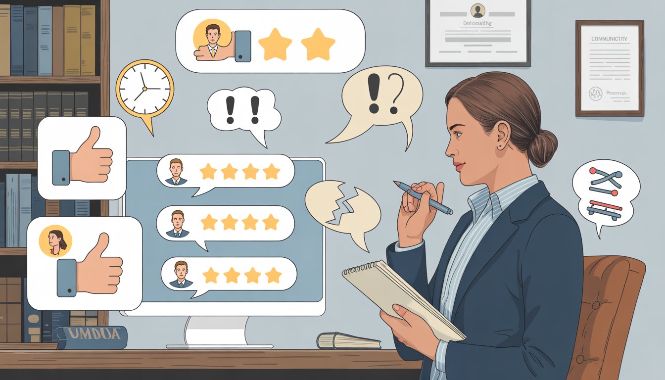 A legal professional in an office reviewing client feedback icons on a computer screen, surrounded by symbols representing delays, misunderstandings, and poor communication.