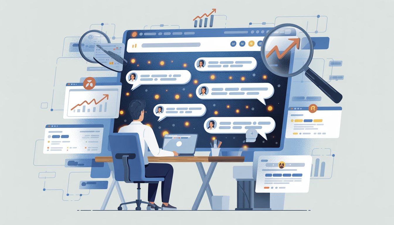 A person at a desk analyzing customer reviews on a computer screen with visual icons representing keywords, graphs, and data streams around them.