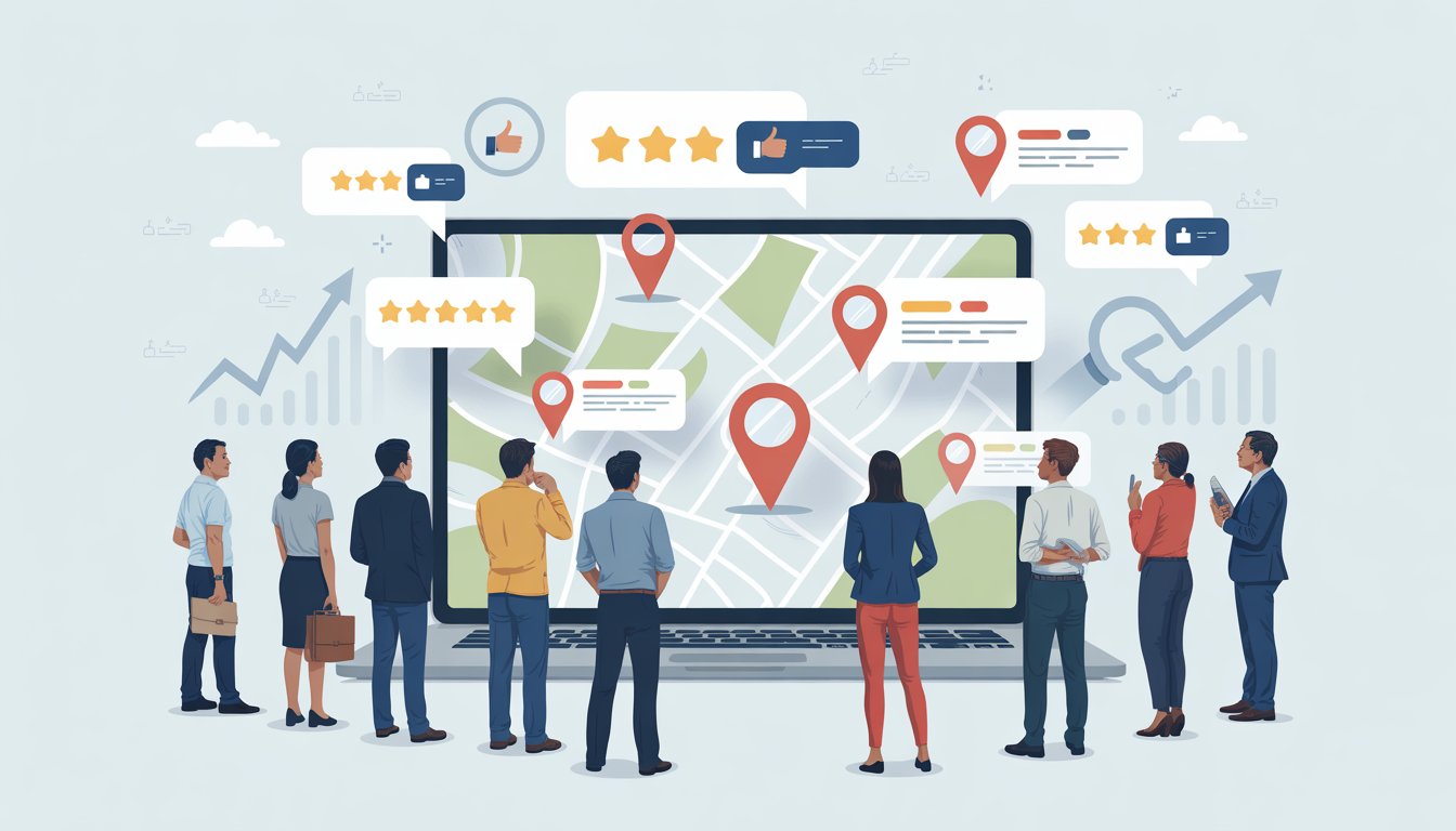 A group of business owners looking at a laptop showing a map with location pins and floating star ratings and review icons, symbolizing the impact of reviews on local search rankings.