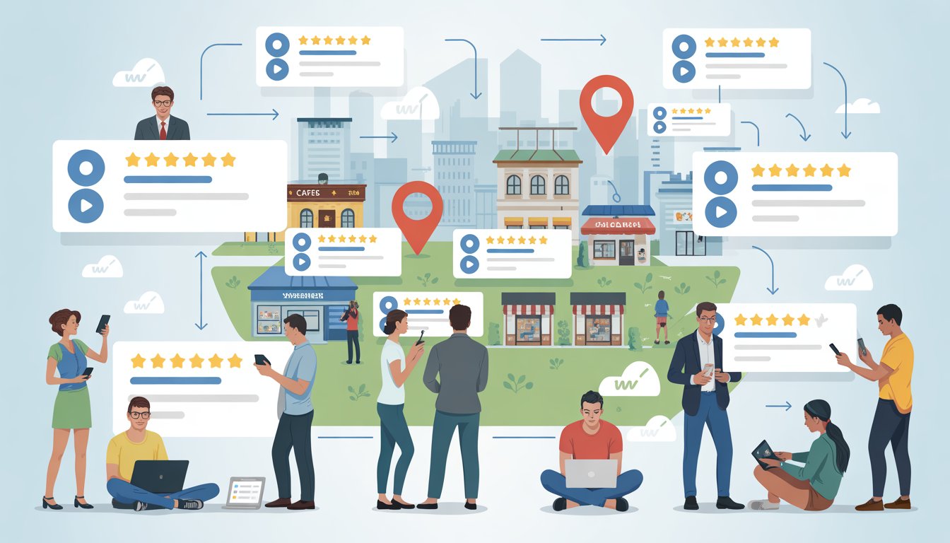 People using devices to leave star ratings and reviews that influence search results for local businesses in a city setting.