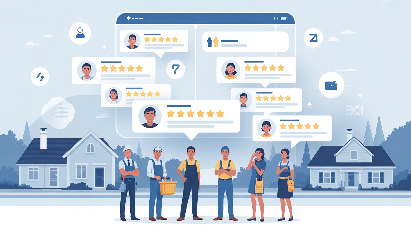 Home service professionals standing thoughtfully in front of houses with floating digital review icons above them, symbolizing challenges with fake reviews.