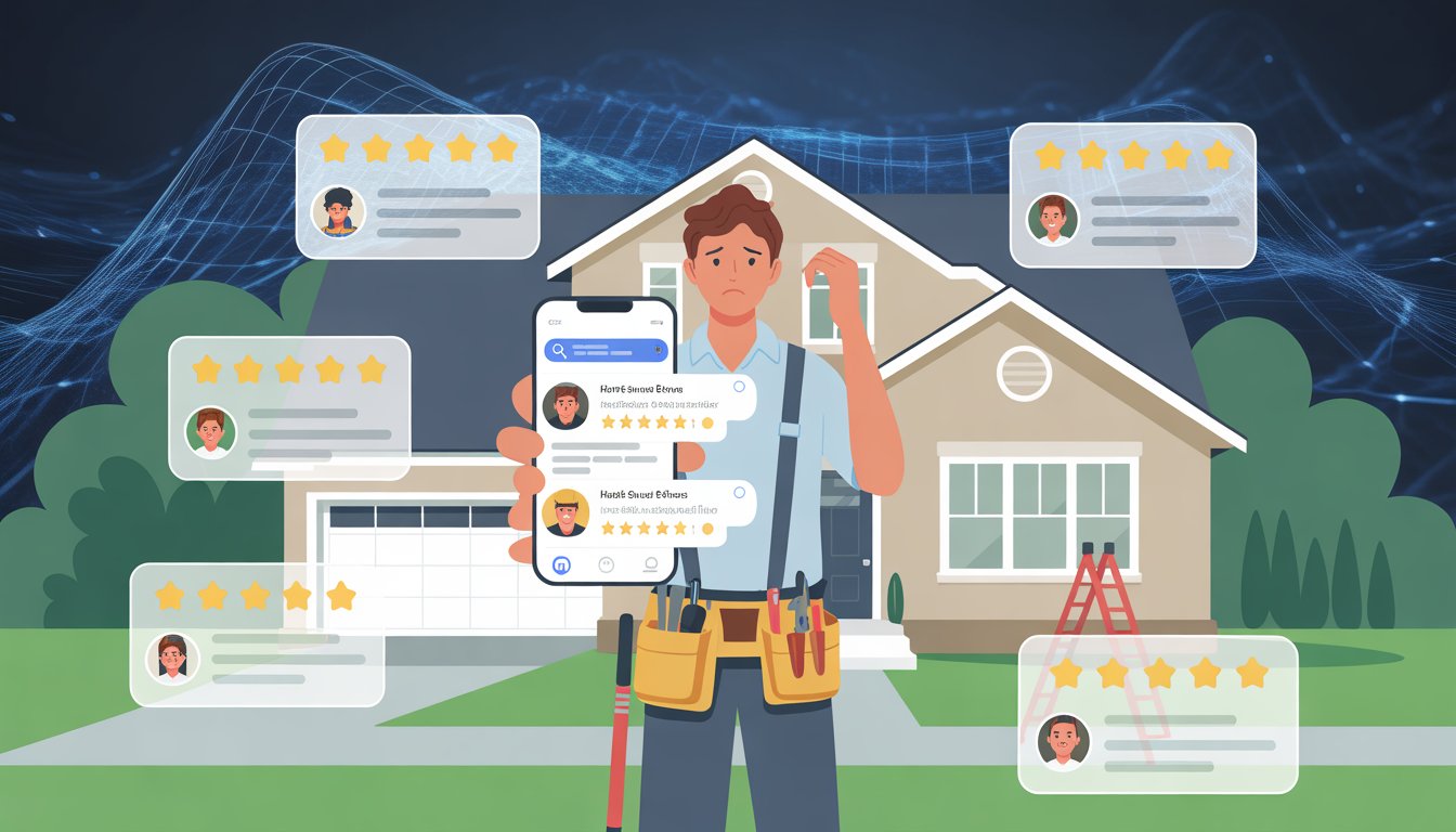 A small business owner outside a house looking upset while holding a smartphone showing suspicious reviews, with ghostly review icons floating around.