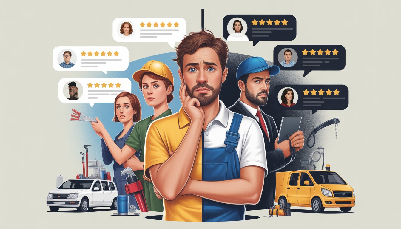 A split scene showing home service workers on one side and suspicious online reviews on the other, illustrating challenges with fake reviews in home services.