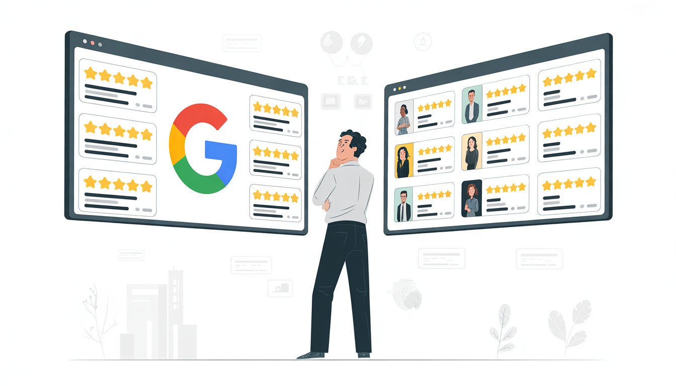 A business owner thoughtfully looking at two digital screens showing Google reviews and other review platforms with star ratings.