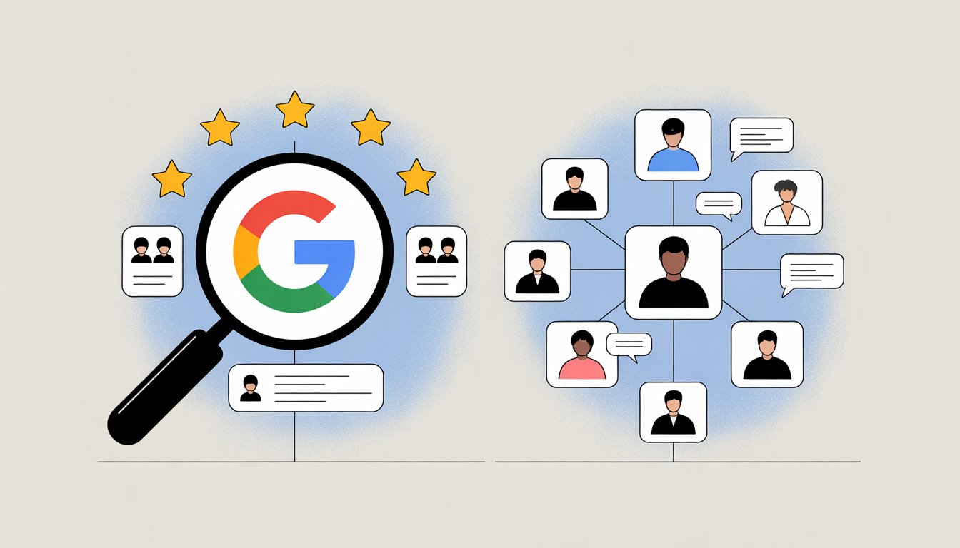 An illustration showing a magnifying glass over the Google logo with star ratings on one side, and a network of multiple review platform icons with stars and user avatars on the other side.