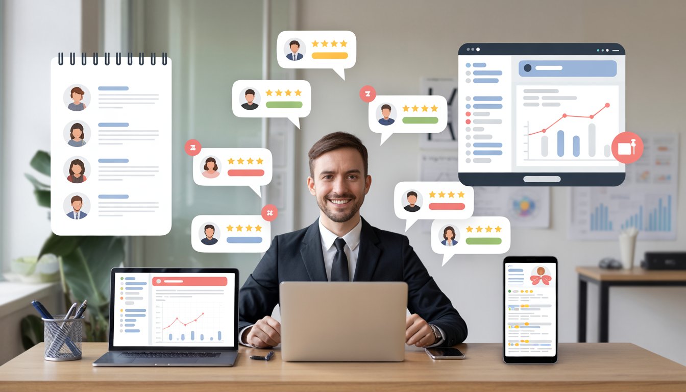 A business owner at a desk with devices showing customer reviews, surrounded by icons of star ratings and feedback, comparing manual review handling with automated software.