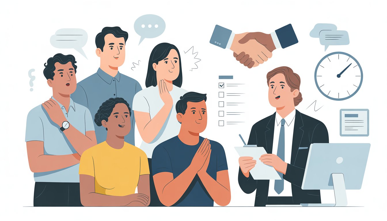 Customers speaking with a customer service representative in an office, showing attentive listening and symbols of timely response, accountability, and trust.