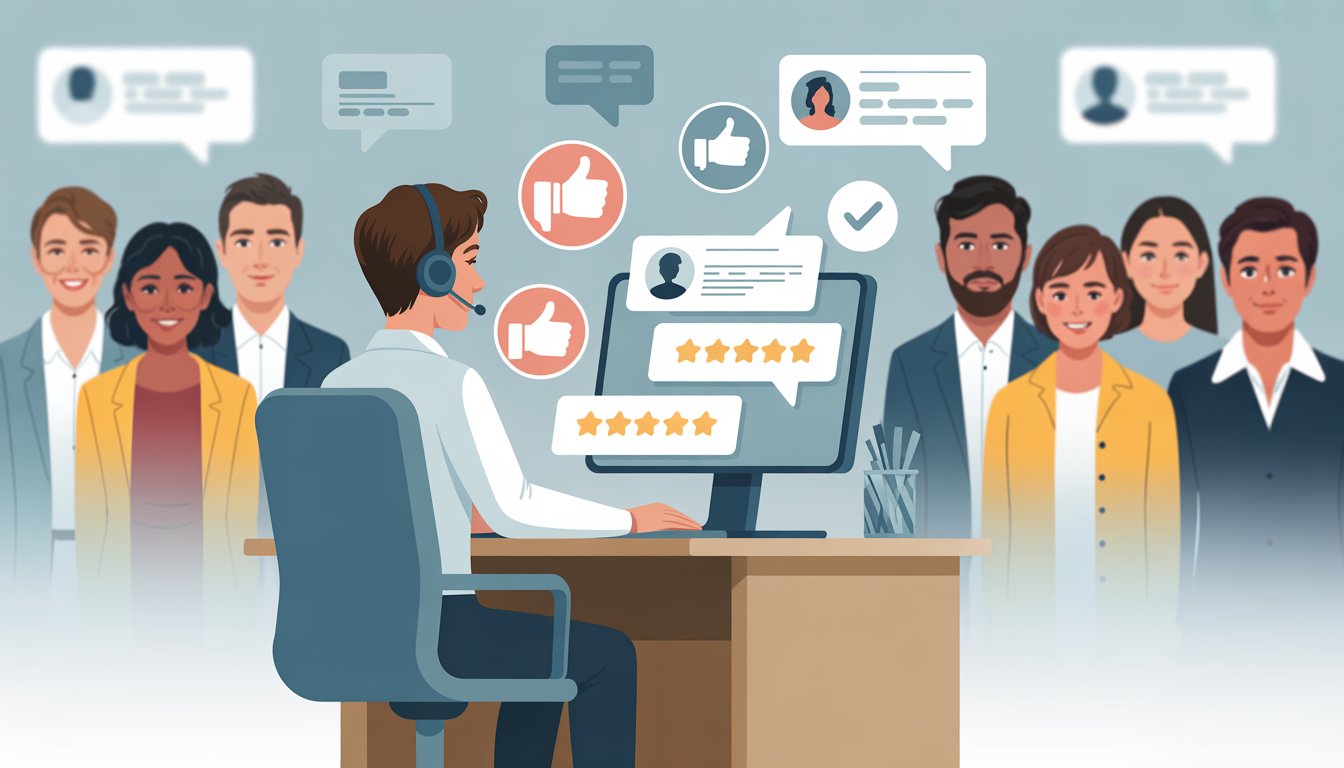 A customer service representative at a desk wearing a headset, reading and responding to feedback on a computer, with customers in the background showing a range of emotions from concern to satisfaction.