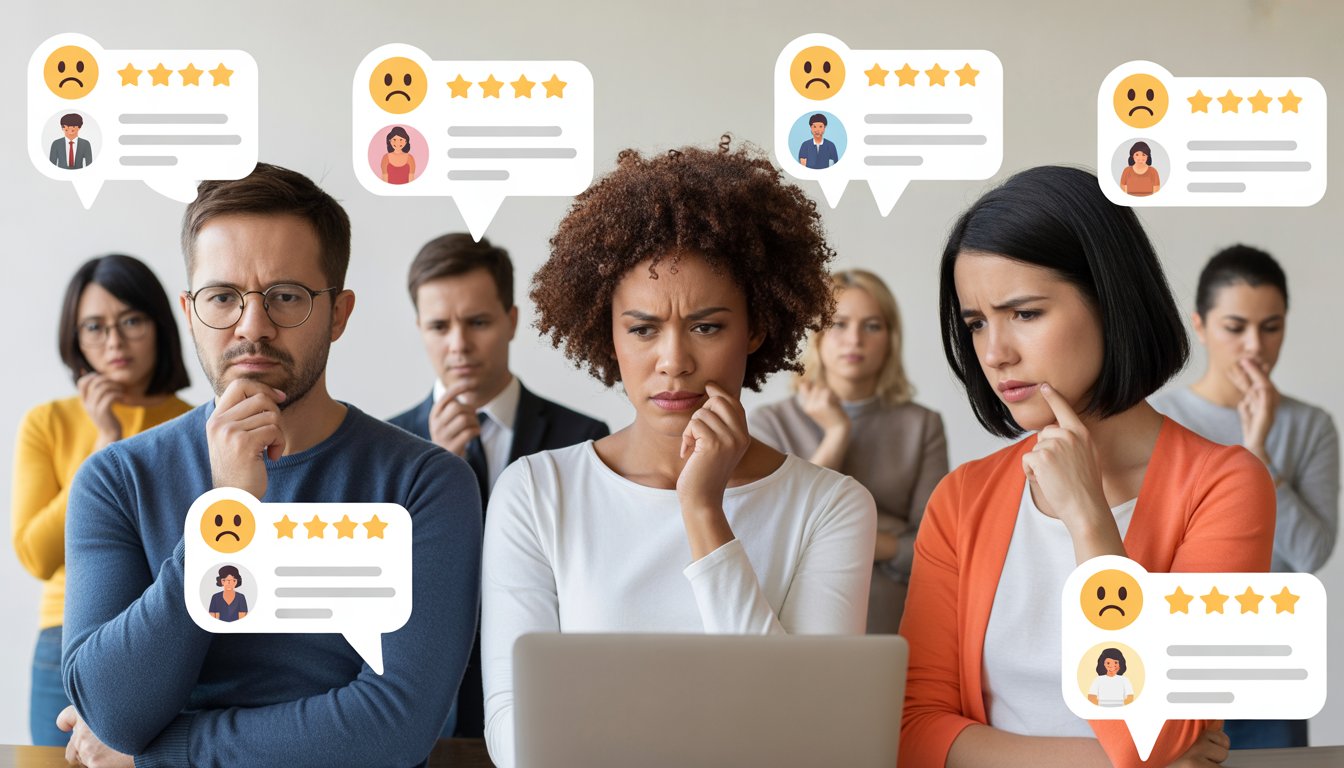 A group of diverse customers showing concern after leaving negative reviews, with icons representing their expectations for responses and solutions.