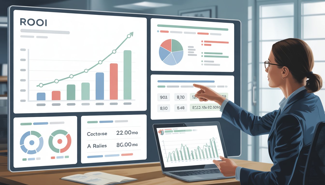 A business professional analyzing multiple digital screens displaying graphs and charts related to tracking return on investment from review management.