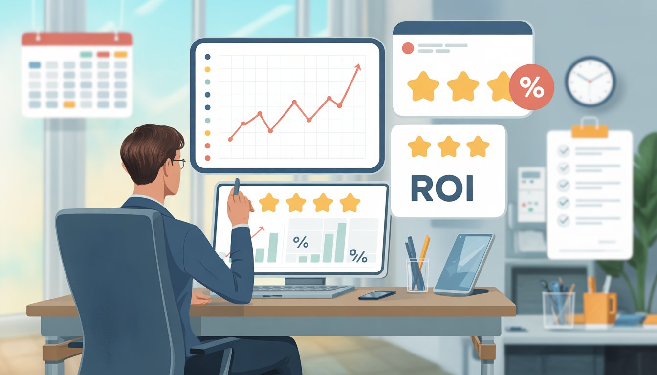 A business analyst at a desk with multiple screens showing graphs, star ratings, and ROI metrics, representing tracking ROI from review management.