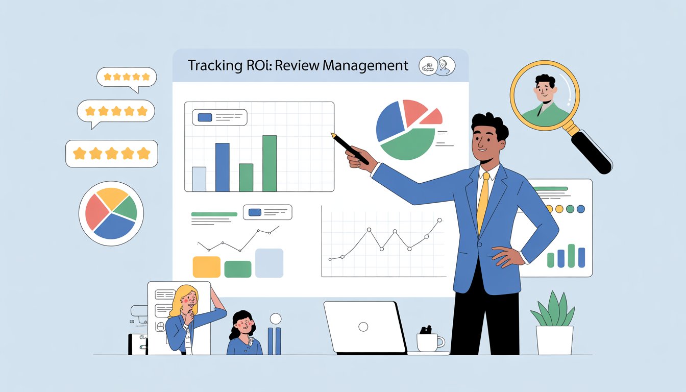 A business analyst pointing at a digital dashboard displaying charts and graphs related to customer reviews and financial performance in an office setting.