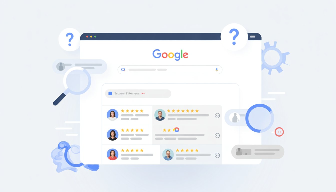 A computer screen showing a Google search results page with star ratings and user icons, some reviews partially hidden, surrounded by icons symbolizing search and algorithms.