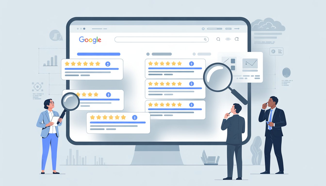 A group of professionals examining a computer screen showing some visible and some faded online reviews on a search results page.