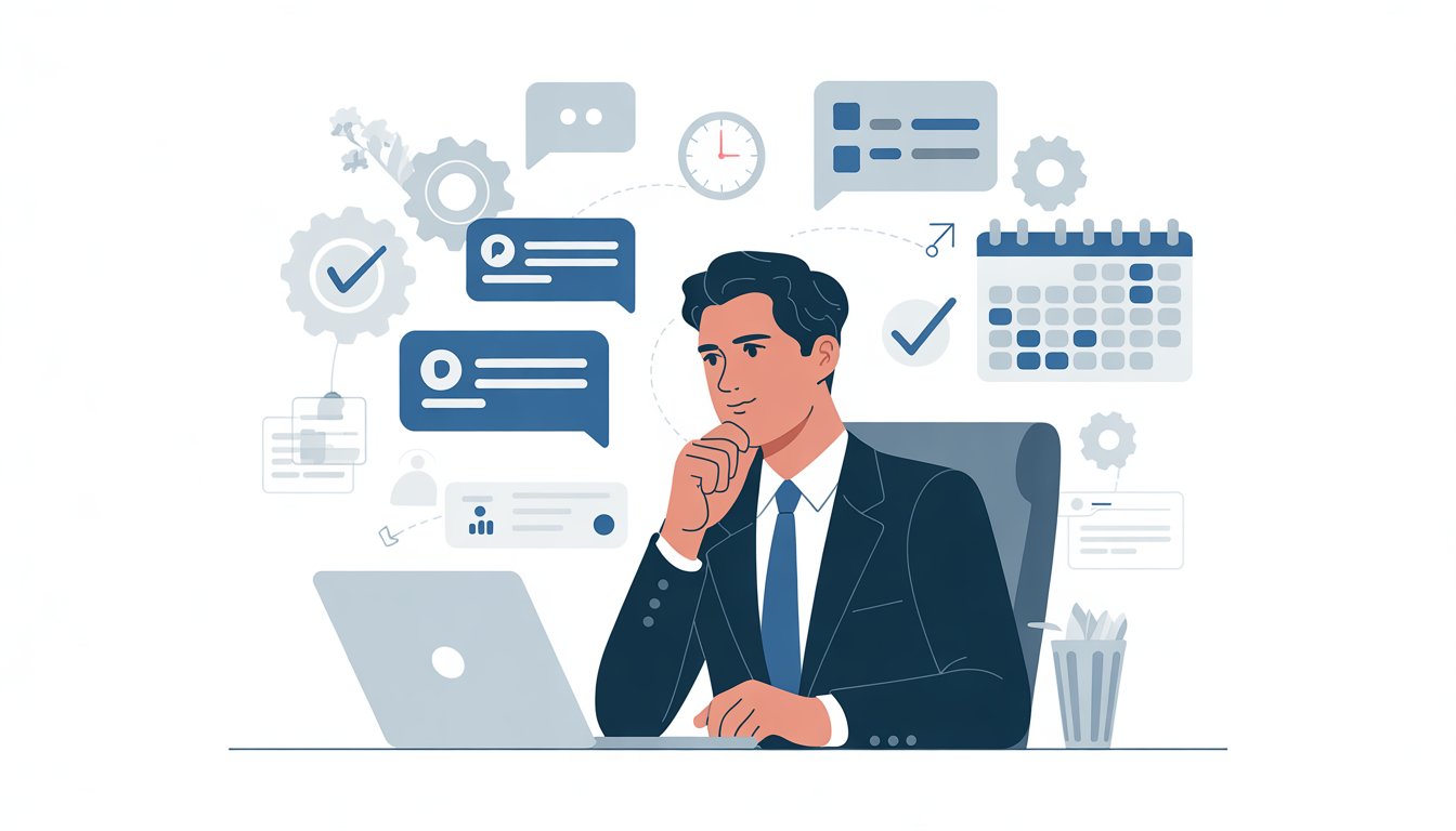 A person sitting at a desk with a laptop, surrounded by icons representing automation and communication, looking thoughtful.