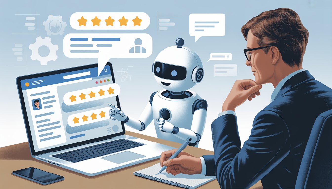 A person in an office looks thoughtfully at a laptop showing reviews while a friendly robot interacts with the screen, symbolizing automated responses.
