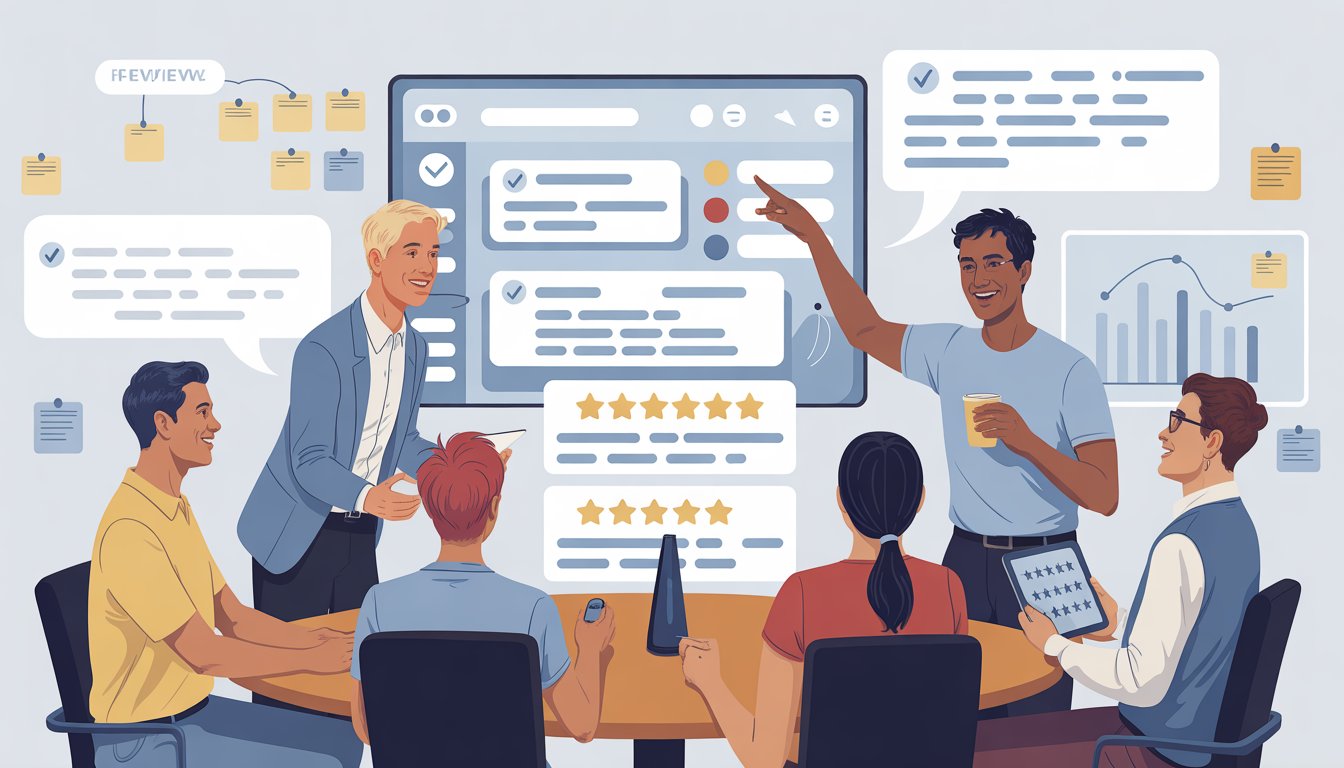 People in an office discussing and reviewing feedback on a digital screen, focusing on detailed written reviews alongside star ratings.