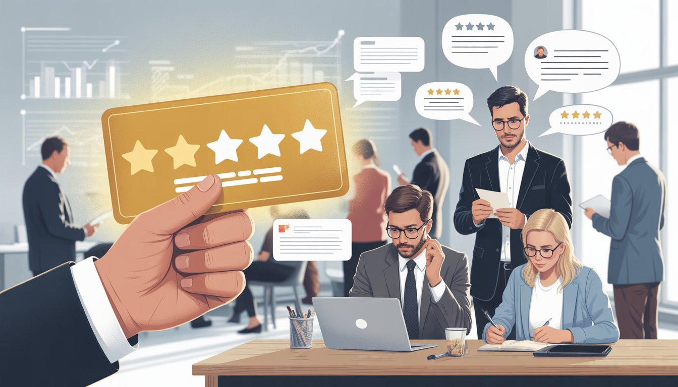 A split scene showing a hand holding star ratings on one side and diverse people writing detailed reviews on the other in a modern workspace.